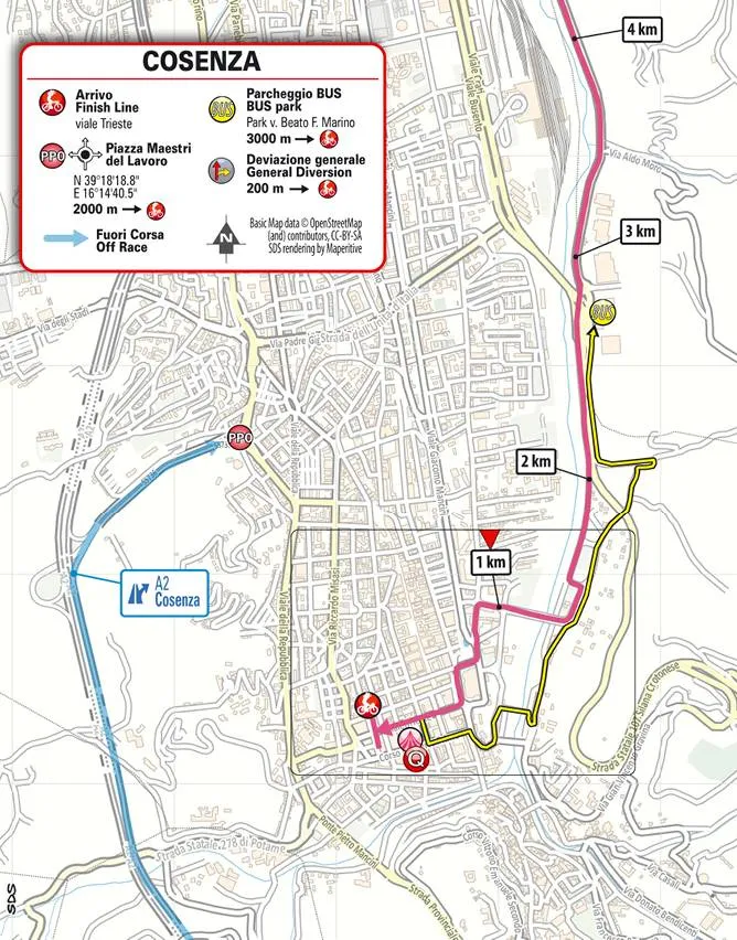 Plano de Cosenza, localidad que albergará la meta
