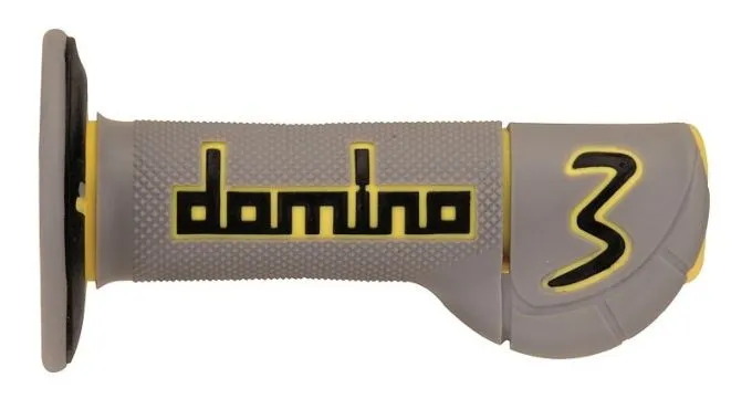 domino coppia manopole a tre colori grigio giallo nero modello experience 3 con appendice per il palmo della mano per moto off road enduro cross materiale gomma termoplastica lunghezza 118 mm accessori 97559504 1