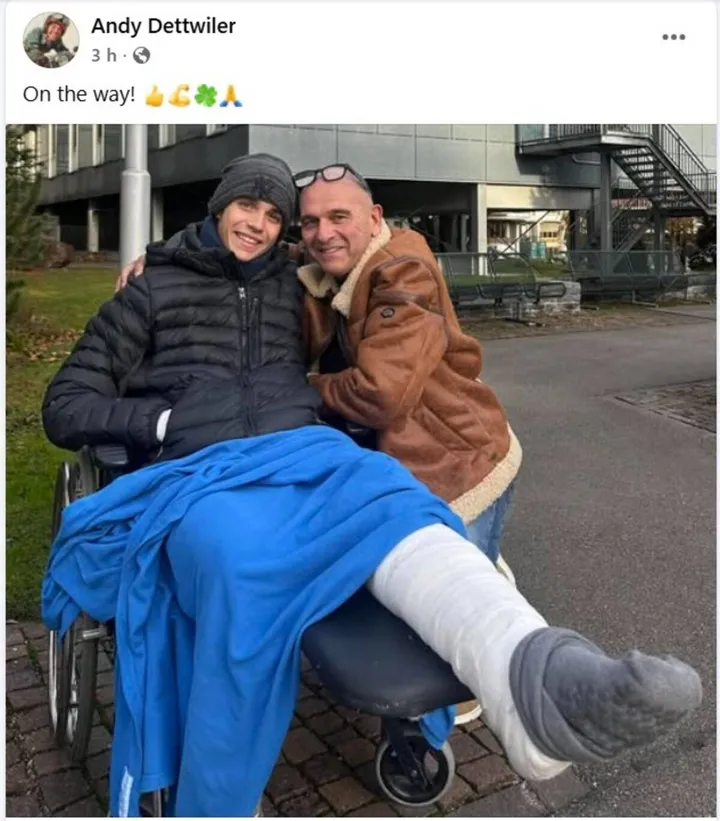 Noah Dettwiler smiling alongside his father Andy after the Sepang accident