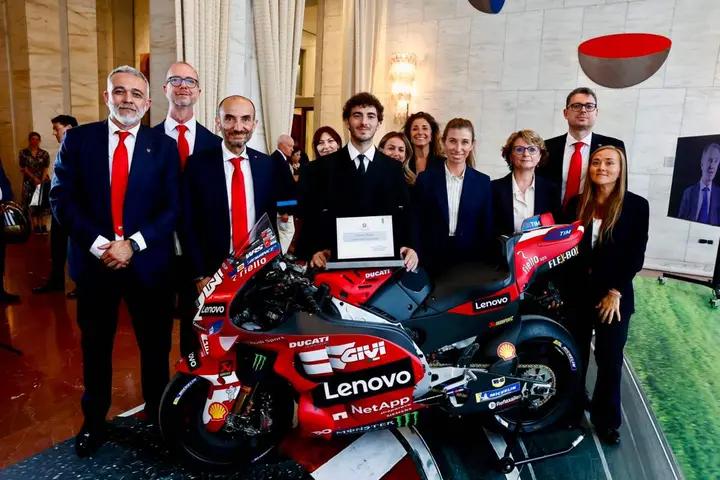 Pecco Bagnaia with the Ducati MotoGP team at an event in Rome