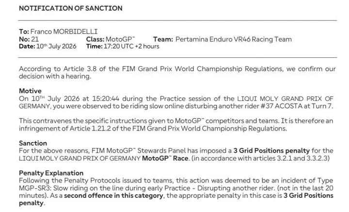 Franco Morbidelli penalizzato al Sachsenring