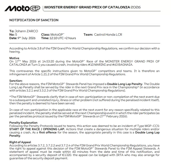 Document explaining Zarco's penalty
