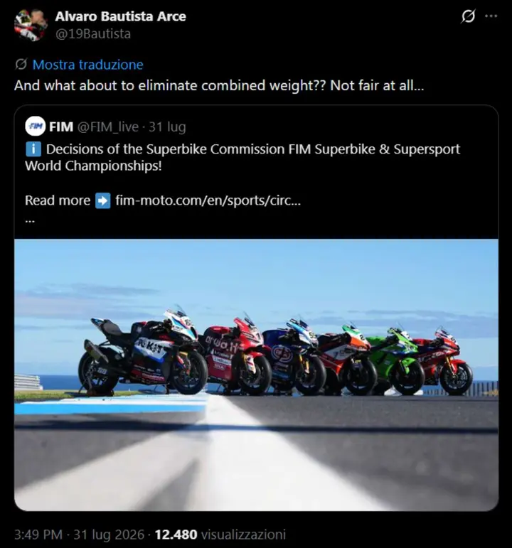Alvaro Bautista commenta su X un post della FIM sul regolamento WorldSBK