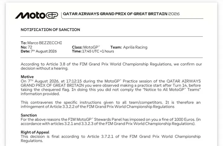 La multa a Marco Bezzecchi nel GP a Silverstone