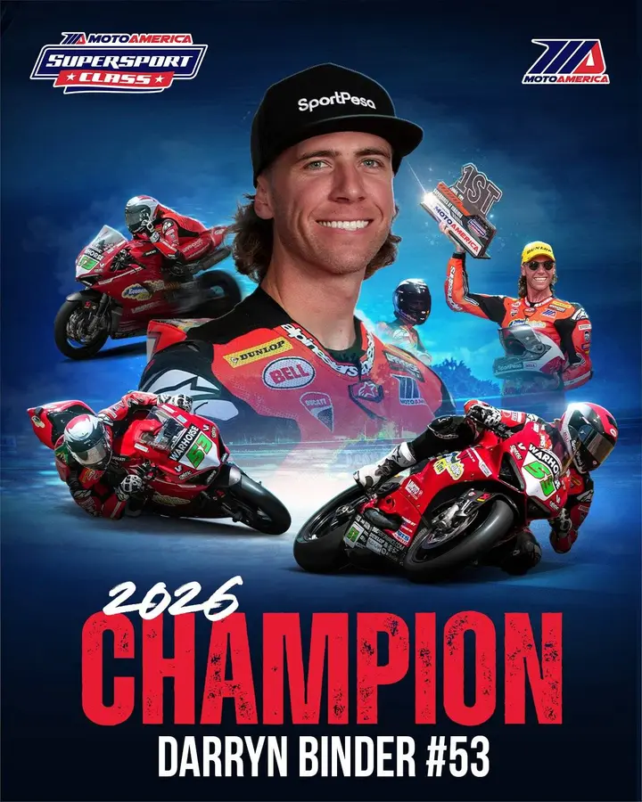 Darryn Binder celebrates the MotoAmerica Supersport title