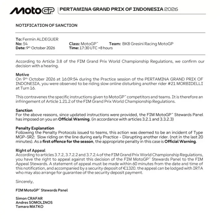 Aldeguer richiamato dallo Stewards Panel per aver disturbato Morbidelli nelle Prove MotoGP in Indonesia