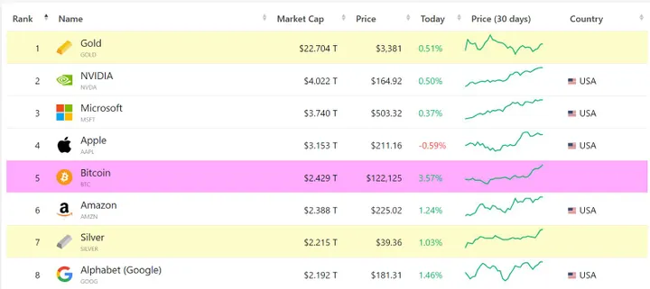 Bitcoin op vier na grootste activa