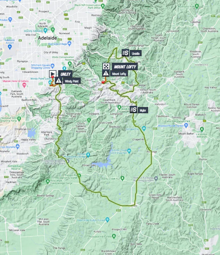Mapa da etapa 6 do Tour Down Under 2024
