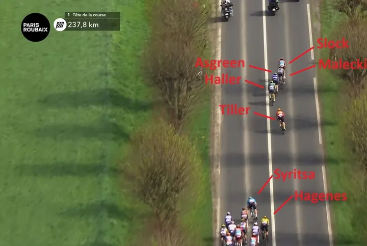 237Km to go: 7 of the 9 breakaway riders go up the road