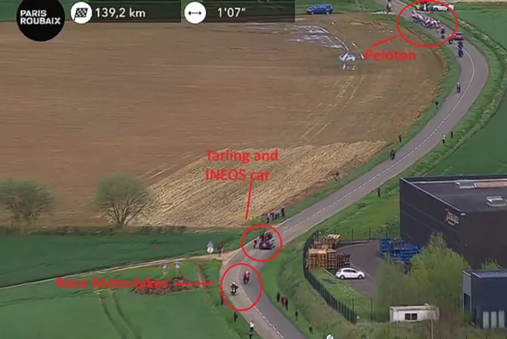 Faltam 129 km para o final: Joshua Tarling desclassificado depois de se agarrar ao carro da INEOS Grenadiers