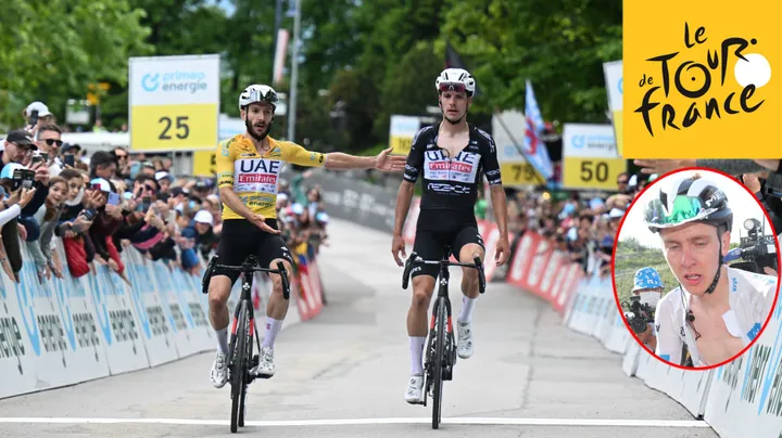 Adam Yates celebra a sua segunda vitória de etapa na Volta à Suiça 2024 ao lado de João Almeida