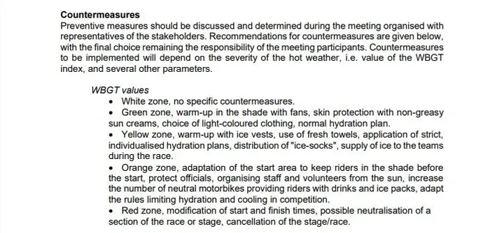 Recommendations provided by the UCI for each WBGT index value. @UCI