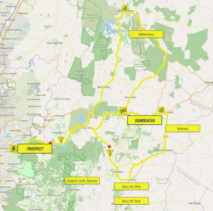 Mapa da 1ª etapa Tour Down Under 2025