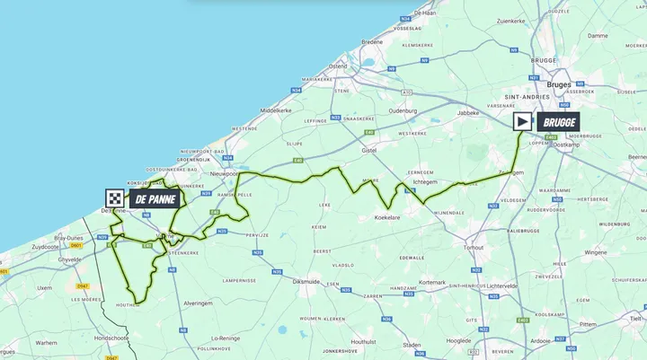 Mapa da Clássica Brugge-De Panne 2025