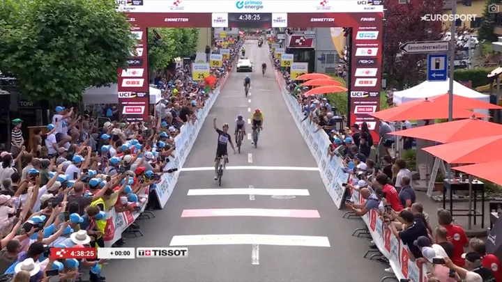 Oscar Onley (middle) arrives second behind stage winner Joao Almeida