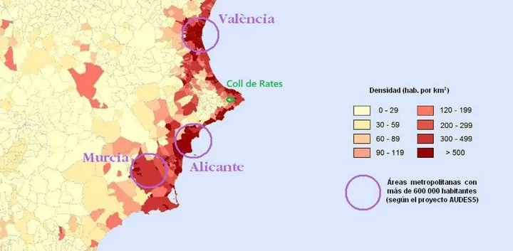 Mapa da densidade populacional na Costa Blanca na zona do Coll de Rates