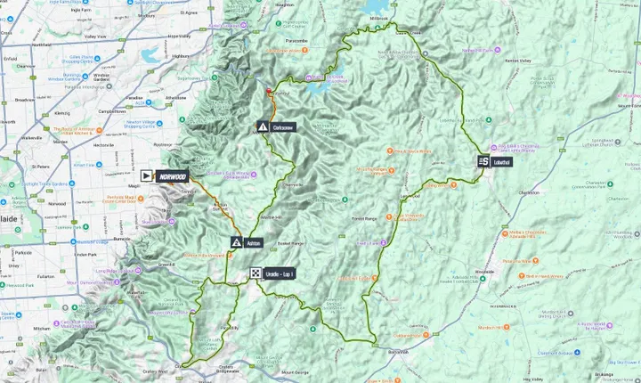 Mapa da 2.ª etapa do Tour Down Under 2026