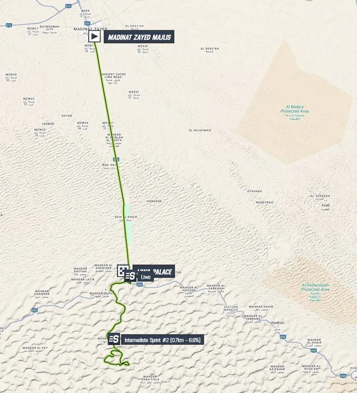 Map of stage 1 of the 2026 UAE Tour