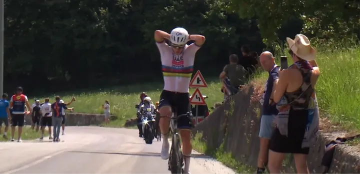 Tadej Pogacar right after his attack on stage 1 of the 2026 Tour de Suisse&nbsp;