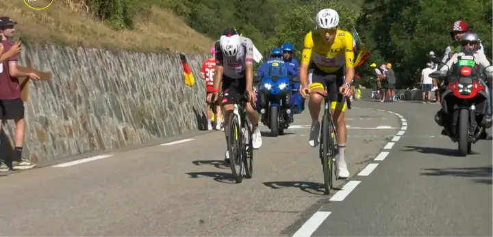 The moment Tadej Pogacar leaves Adam Yates' wheel and sets off in pursuit of Richard Carapaz and Lenny Martínez to win the stage.