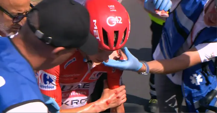 Tadej Pogacar following his crash on stage 8 of La Vuelta