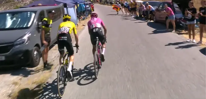 Richard Carapaz alongside Sepp Kuss during Stage 20 of La Vuelta.
