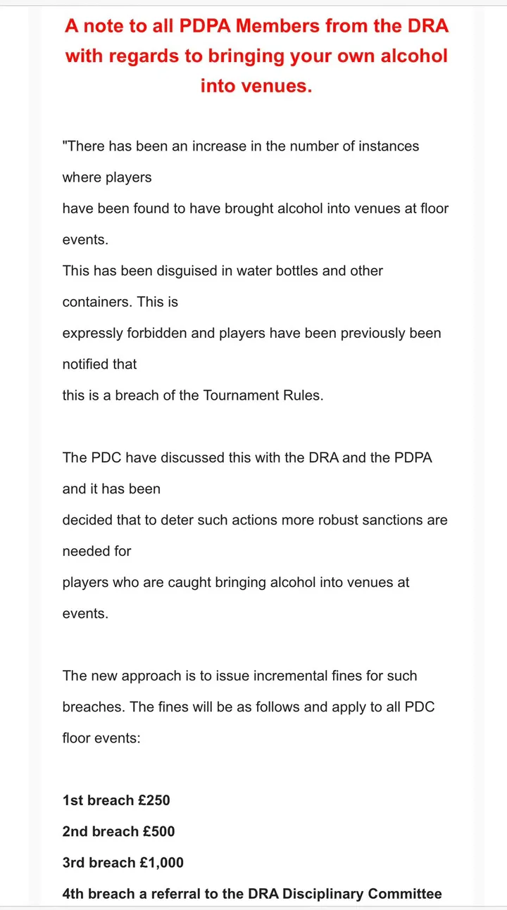 The DRA letter sent to players for PDC stars.