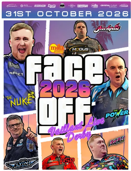 Adrian Lewis ist auf dem Plakat für ein Exhibitionturnier im Jahr 2026 zu sehen
