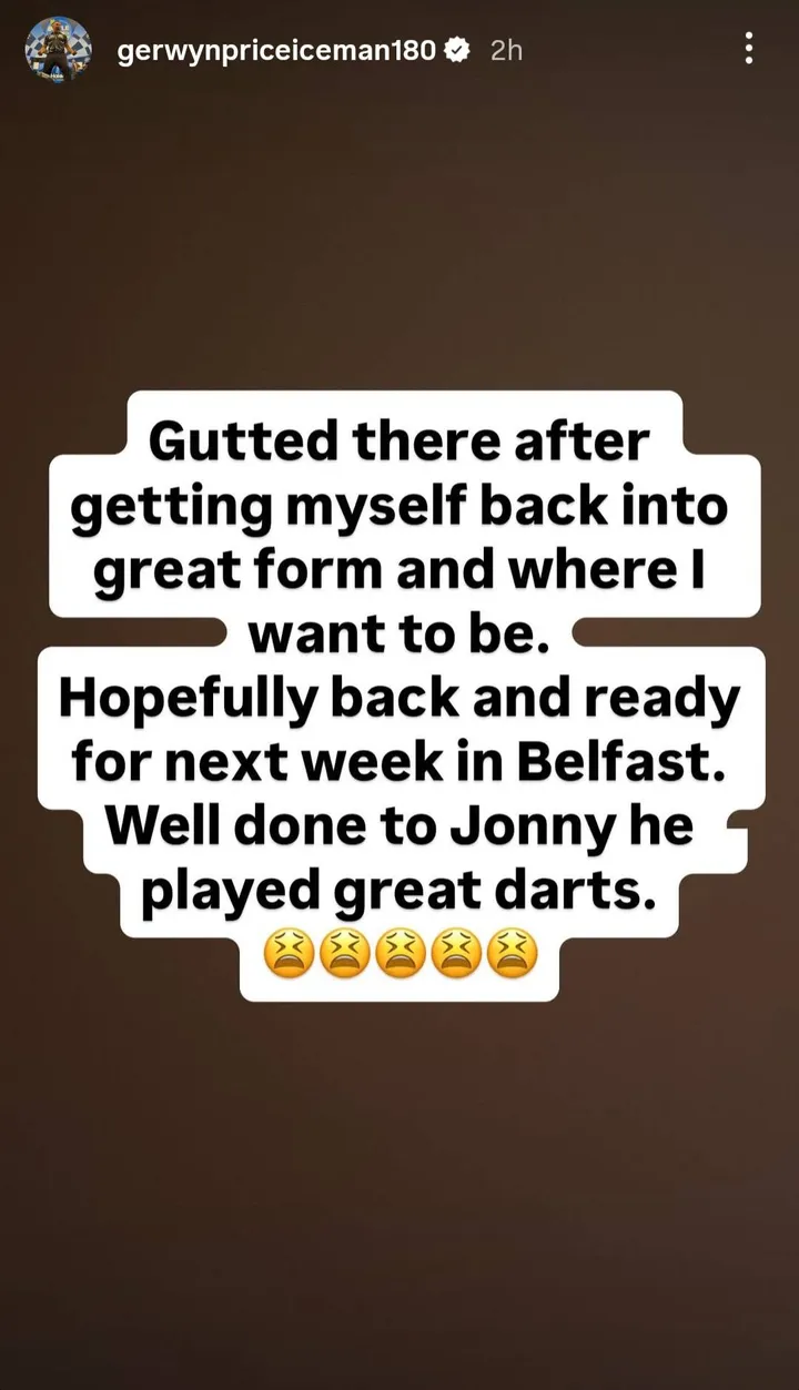 Gerwyn Price reageert op Instagram na de derde speelronde van de Premier League Darts 2026 in Glasgow