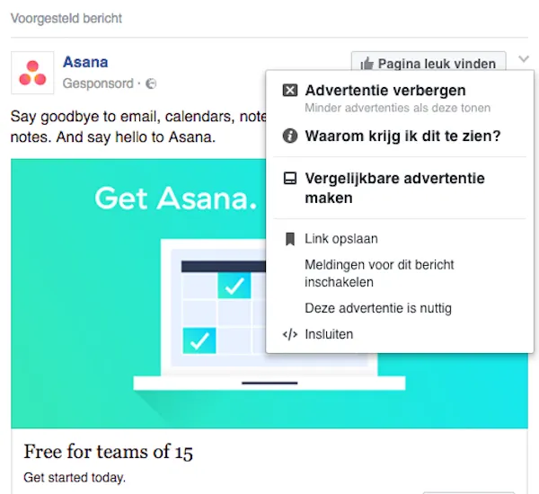 Klik op `Waarom krijg ik dit te zien` om een advertentie helemaal te blokkeren.