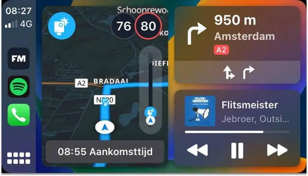Met de nieuwste versie van Flitsmeister worden meldingen in het Carplay dashboard getoond.