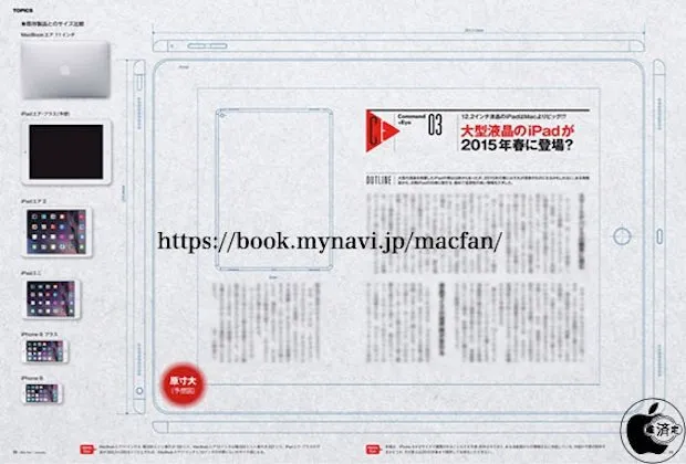 De tekening en specs van een 12.2 inch iPad Air Plus zoals ze in het Japanse&nbsp;MacFan verschenen