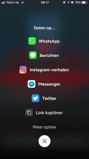 Vervolgens klik je op `delen` en je krijgt het bijgevoegde scherm te zien