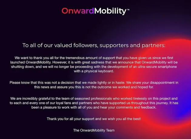 OnwardMobility sluit de tent en stopt de ontwikkeling van een nieuwe BlackBerry