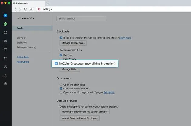 De `NoCoin`-optie in Opera.