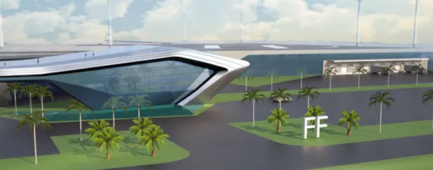 Een impressie van de toekomstige fabriek van Faraday Future in Nevada