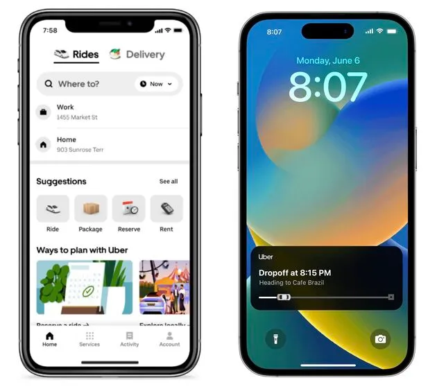 Het nieuwe homescreen van de Uber app en Live tracking voor d iPhone.