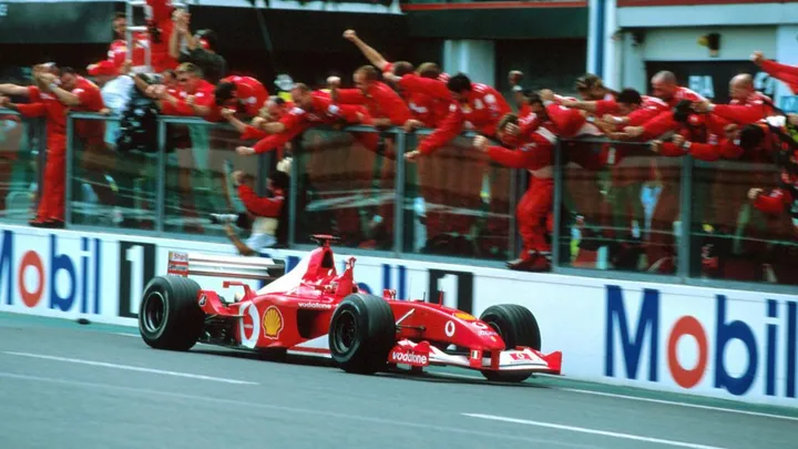 michael schumacher drives f2002 chassis 219 to victory at the 2002 french gp securing his fifth f1 world drivers championship c 2019 sutton motorsport images 1024x576