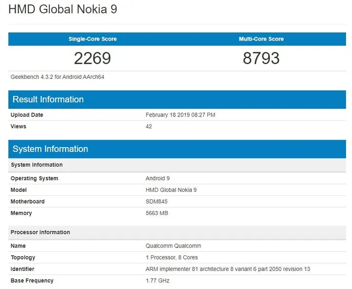 nokia 9 geekbench