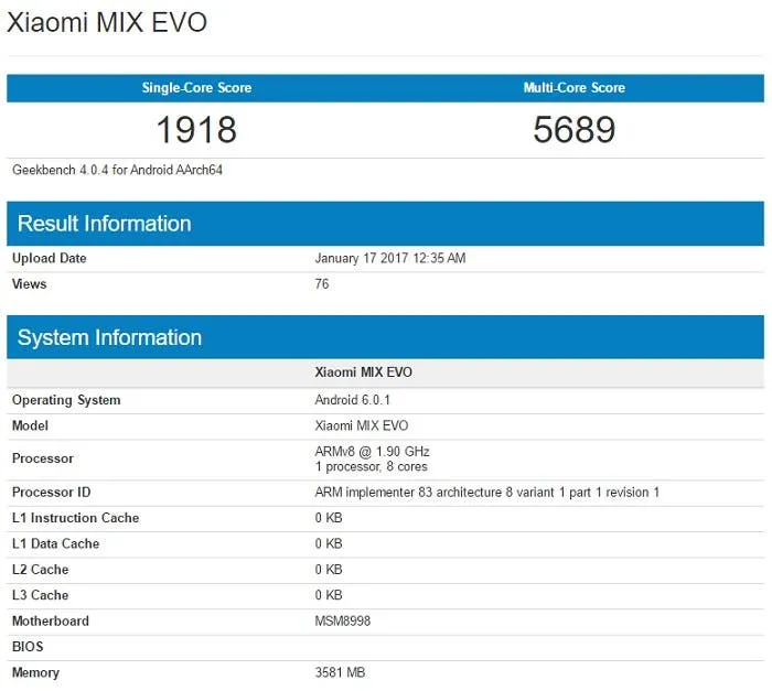 xiaomi mix evo geekbench