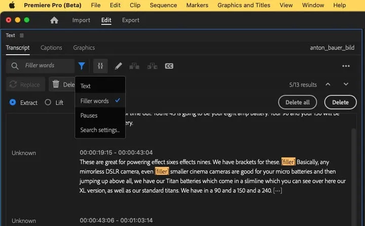 adobe premiere pro beta 000039 filler words