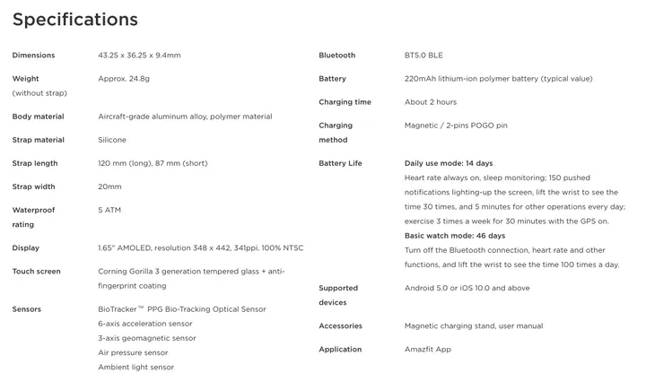 amazfit gts specs