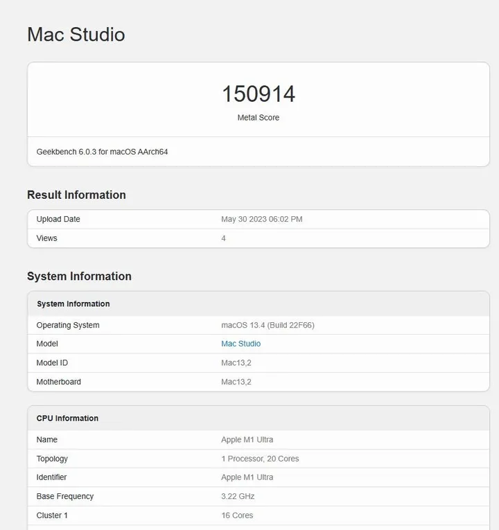apple m1 ultra geekbench 6 metal score