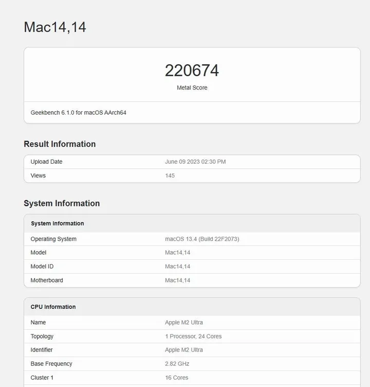 apple m2 ultra geekbench metal score