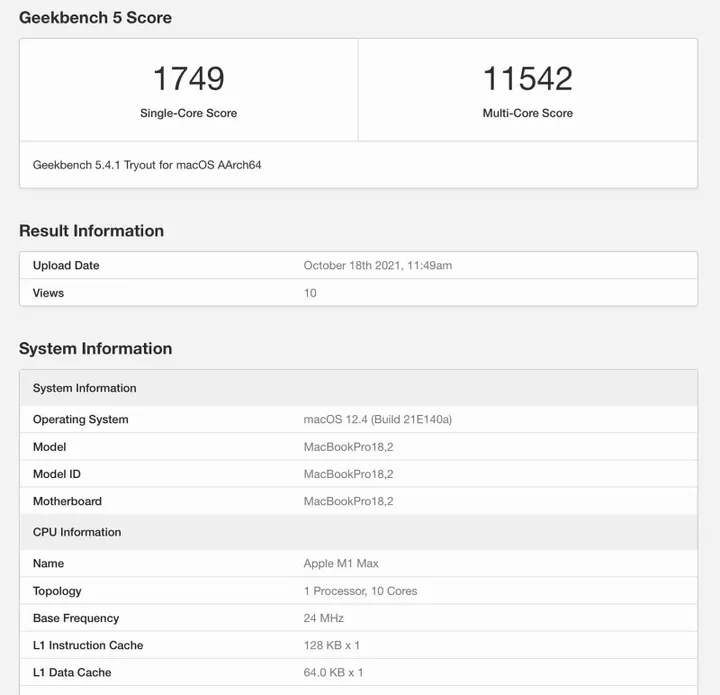 apple macbook pro m1 max geekbench scores