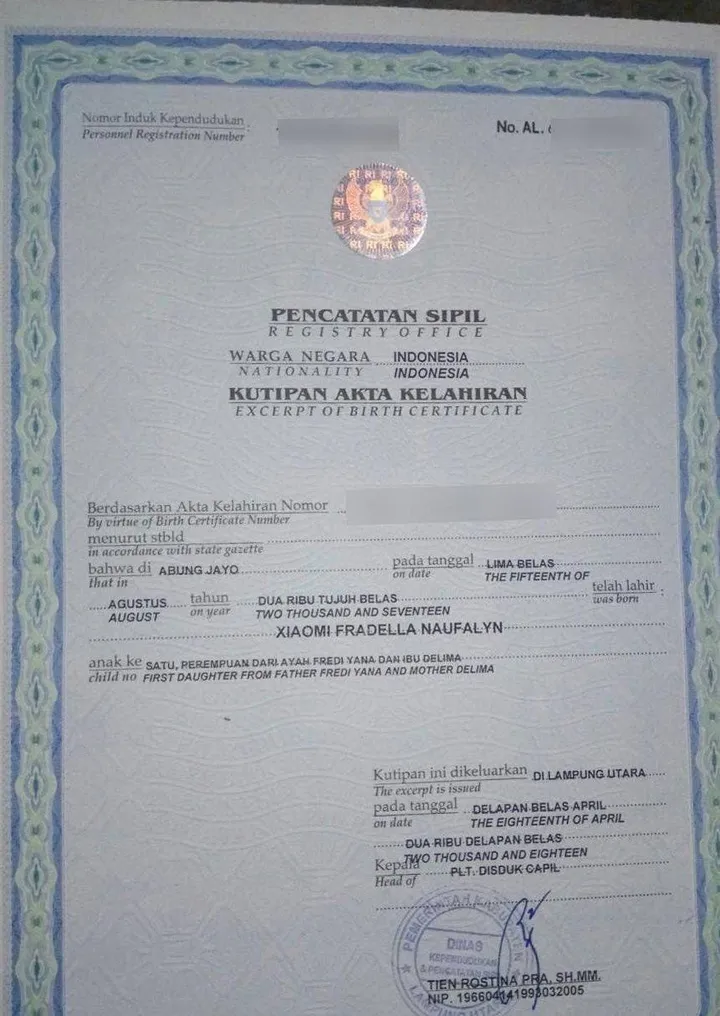 birth certificate of girl named xiaomi