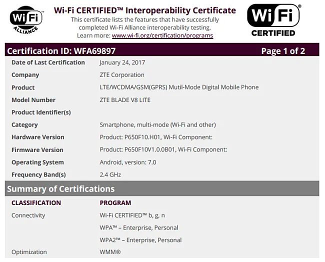 blade v8 lite wifi certification