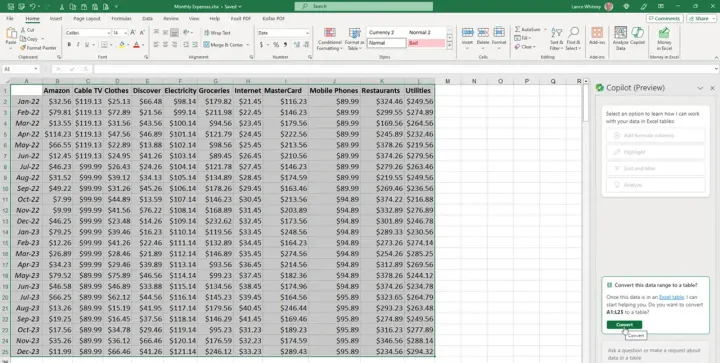 data to table