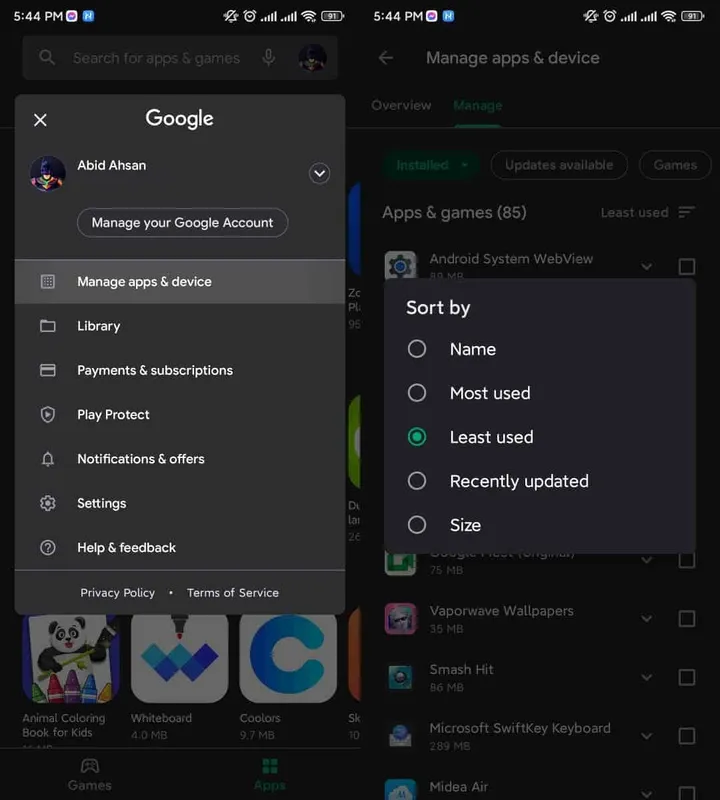 free up storage from google play store