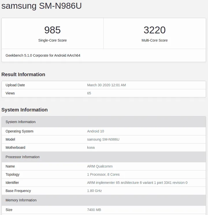 galaxy note 20 geekbench